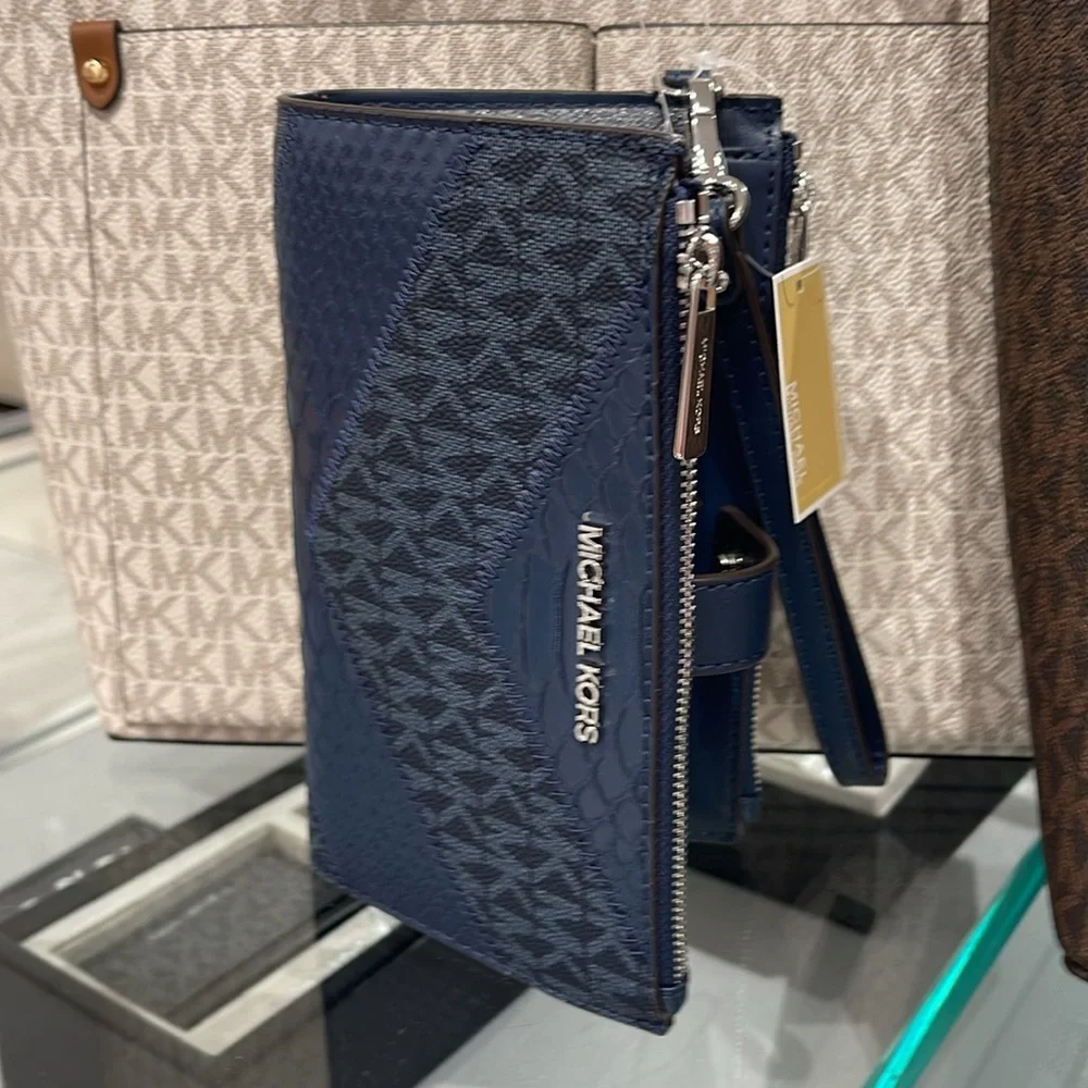MICHAEL KORS JST LG DOUBLE ZIP WRISTLET WALLET PHONE HOLDER Navy Multi NWT